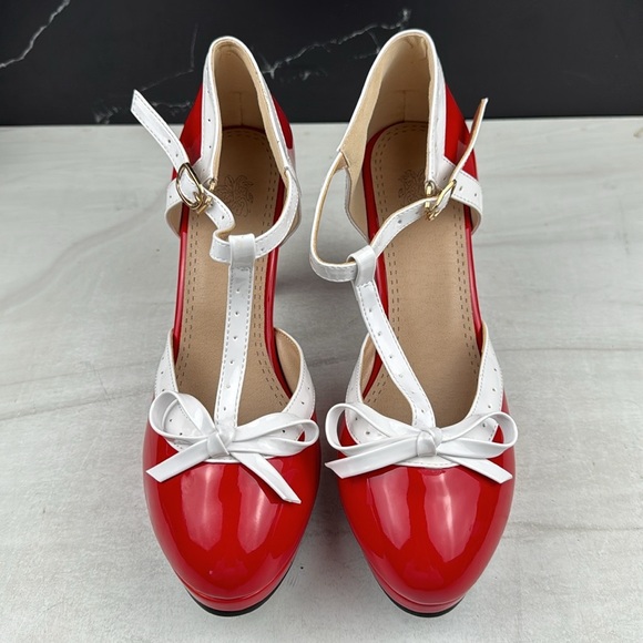 ForeMode Fashion T-Strap Bow Platform Round Toe High Heels Red/White sz 9 - Picture 6 of 11